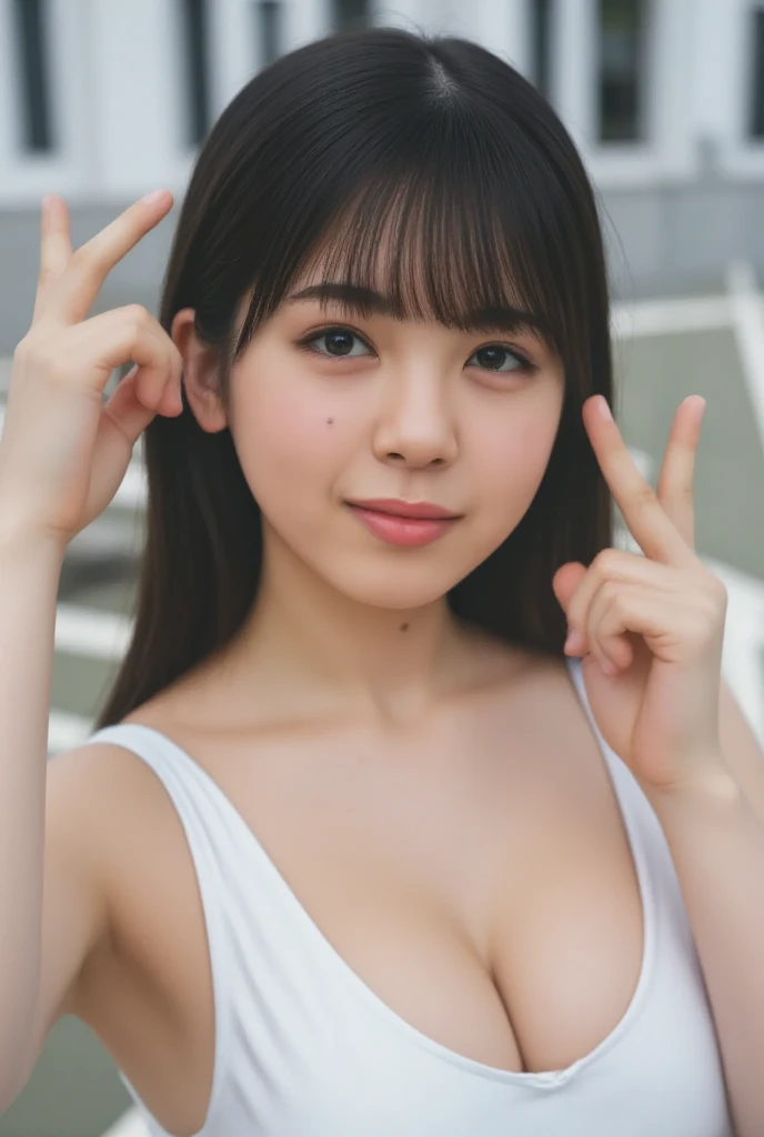 Only one woman with a cute smile wears cute , white bikini,chill at beach,extra large breast, , visible cleavage,View above collarbone、The background is a monotone ,( gigantic breast) 

