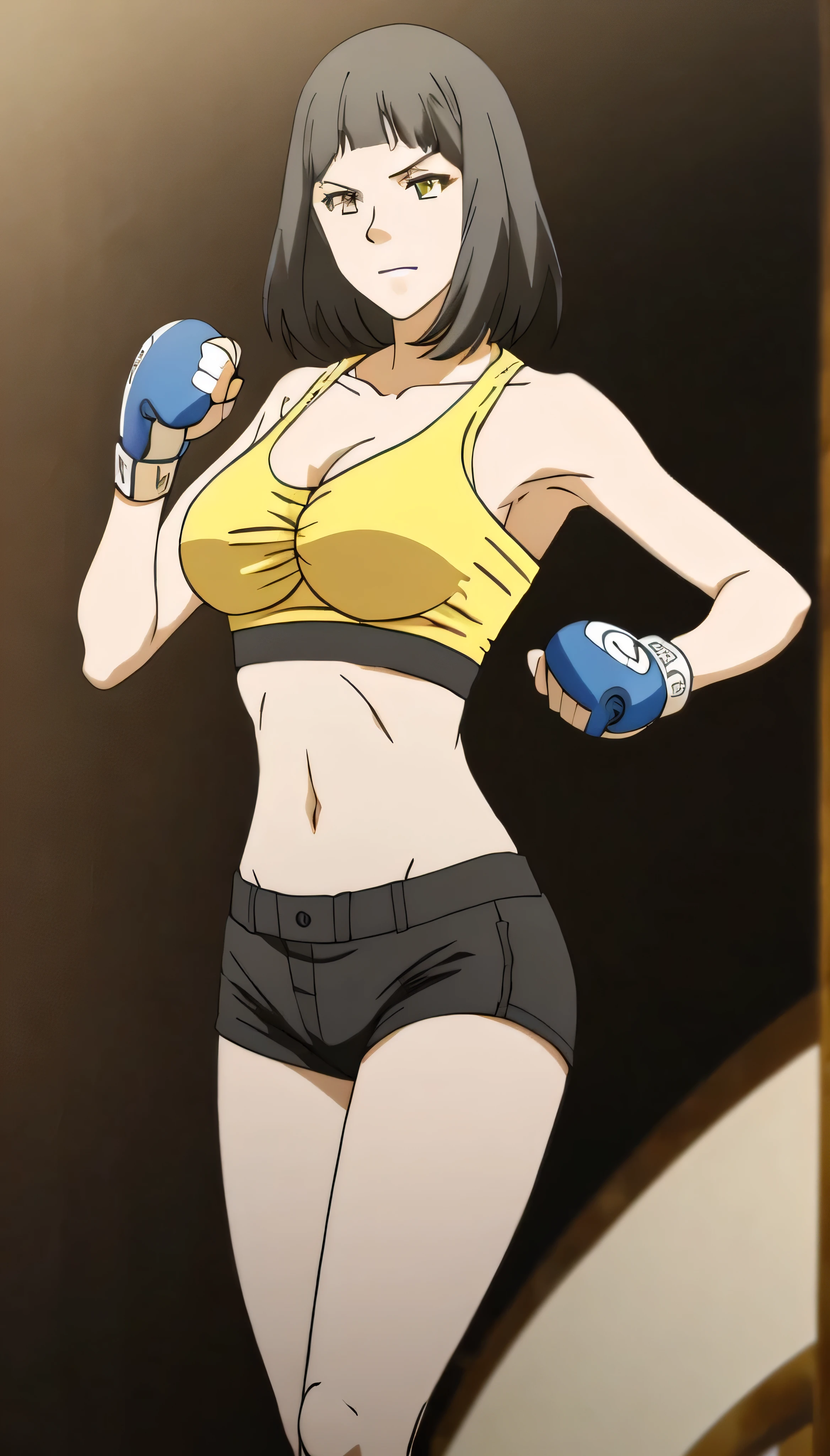  1 girl, brunette,black hair,masterpiece,best quality,highres,ultra-detailed,aashizue,yellow eyes,long hair,(sports bra:1.2), boxing gloves, toned, sweating, (sleeveless:1.4)