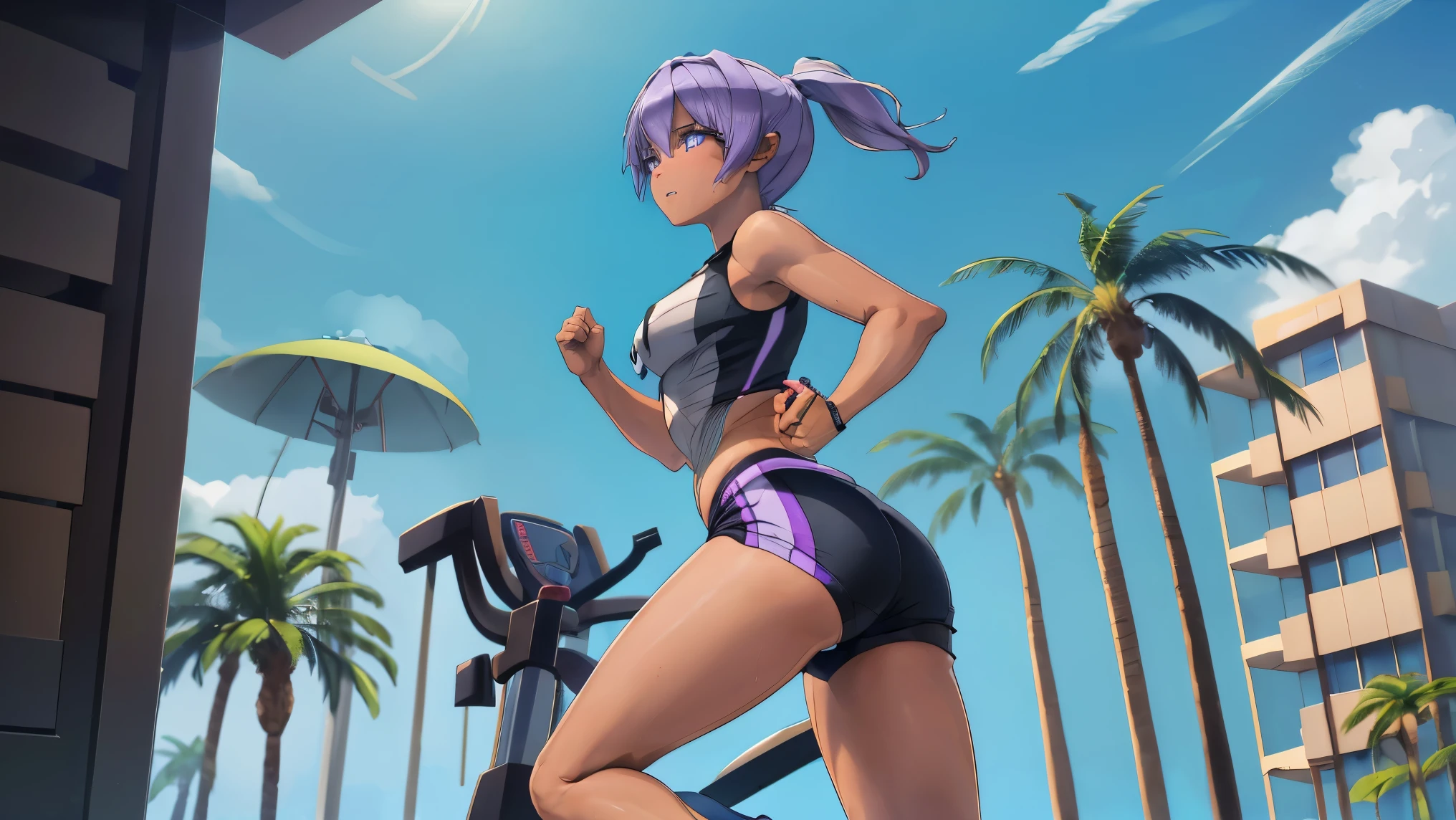 8k, highres, masterpiece, hayatedol, 1girl, (solo:1.3), detailed blue eyes, purple hair, dark-skinned female, dark skin, ponytail, (medium breasts), short hair, (gym wear:1.3), training, (running:1.2), (jogging:1.2), sweat, dynamic light, morning, palm tree, beach, beautiful ass