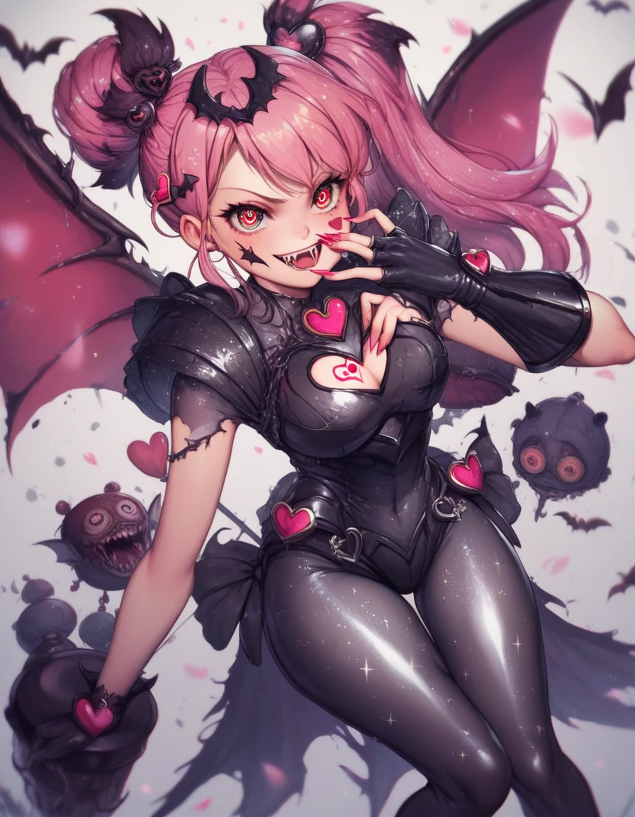 Evil magical girl. (Heart tattoo on face) (Heart tattoo on lower abdomen) . Sparkly. Sequin-like bodysuits. Black and gray outfit. Bat hair ornament. Sharp-edged accessories. A costume with a fang motif. Provocative smile. Put hand over mouth. Horror eyes. Black armor gloves. Pink sharp nails. Thighs. Battle ship Monster in background.