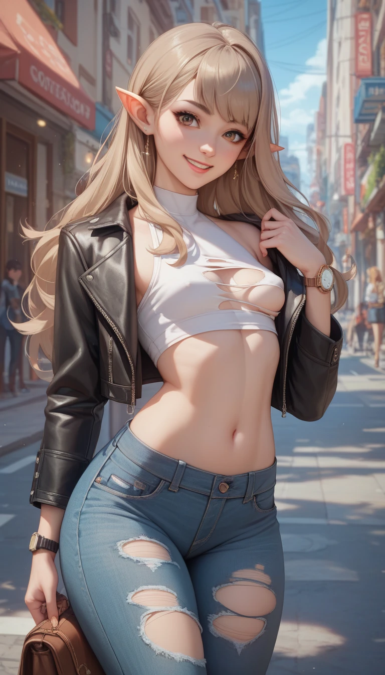   1 girl, Alone,  small breasts,   watch viewers,   Wide Hips , I々I have,  long hair, pointy ears,(  light brown hair  ,  shorthair、), best quality、  Masterpiece 、   super high resolution 、 beautiful smile、  Leather Jacket 、 street,  ripped jeans 