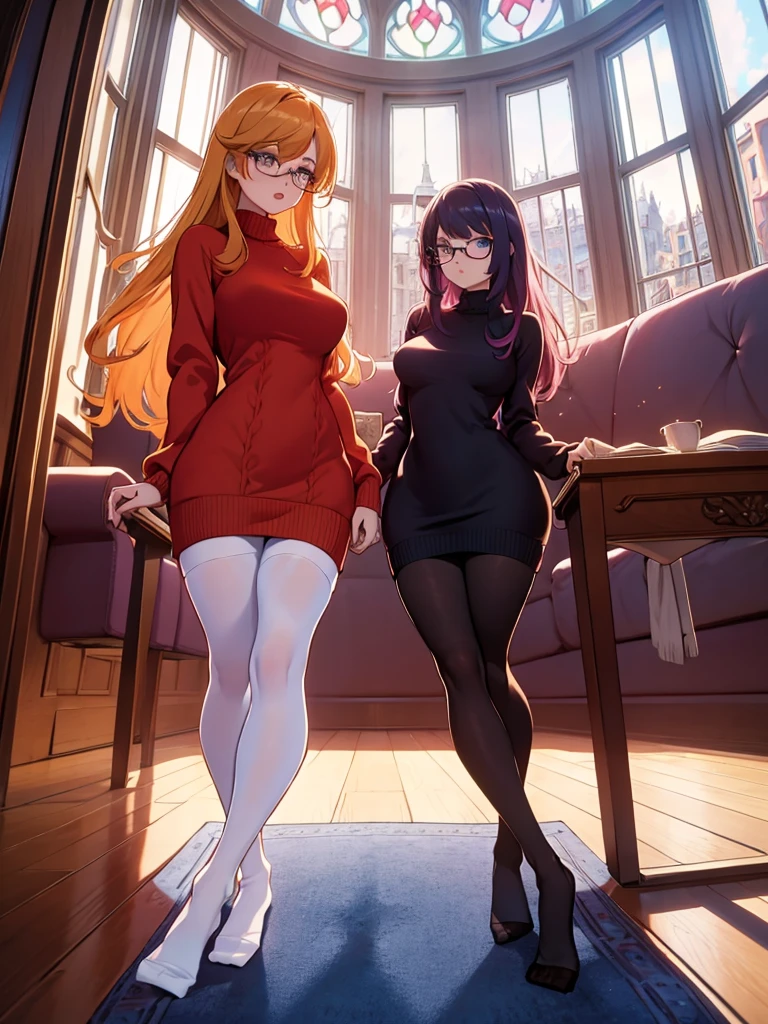 Show entire body, feet in view, Velma and Daphne, sweater dresses, both wearing pantyhose, no shoes, luxurious house, huge windows, kiss les