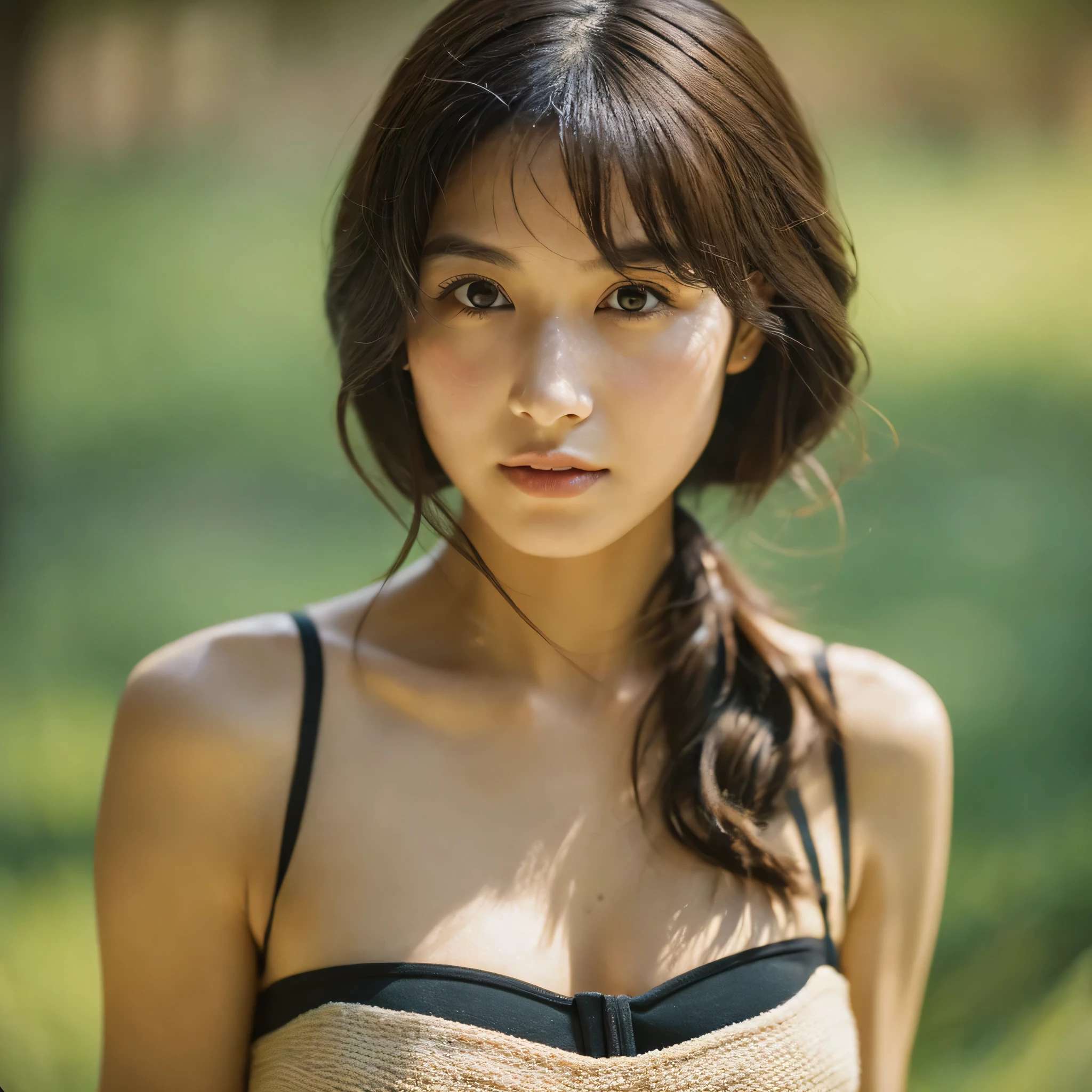 A hyper-realistic image of a single Japanese woman in her early 20s, captured with the nostalgic warmth and subtle graininess of a film camera. Her skin has a warm beige tone with a natural, slightly rough texture that includes visible pores, fine lines, and subtle imperfections such as small blemishes, adding to the authenticity of her appearance. The soft, diffused natural light enhances the film-like quality, casting gentle shadows that create a timeless, organic feel. Her straight, glossy black hair frames her face in a natural, slightly tousled manner, and her deep brown eyes reflect the ambient light, adding depth and emotion. The film camera effect introduces a slight grain and a softer focus, giving the image a warm, nostalgic atmosphere while maintaining the realistic texture of her skin. She is dressed simply, in a way that complements her natural beauty, with the overall composition designed to evoke a sense of genuine, understated elegance. The use of natural light, combined with the deliberately rougher texture of her skin and the film-like qualities, ensures that this image captures the imperfections that make her beauty truly lifelike, focusing solely on this one individual.She has large, ample breasts and wears only attractive, fashionable underwear, which accentuates her cleavage.The woman is looking at us for the camera.