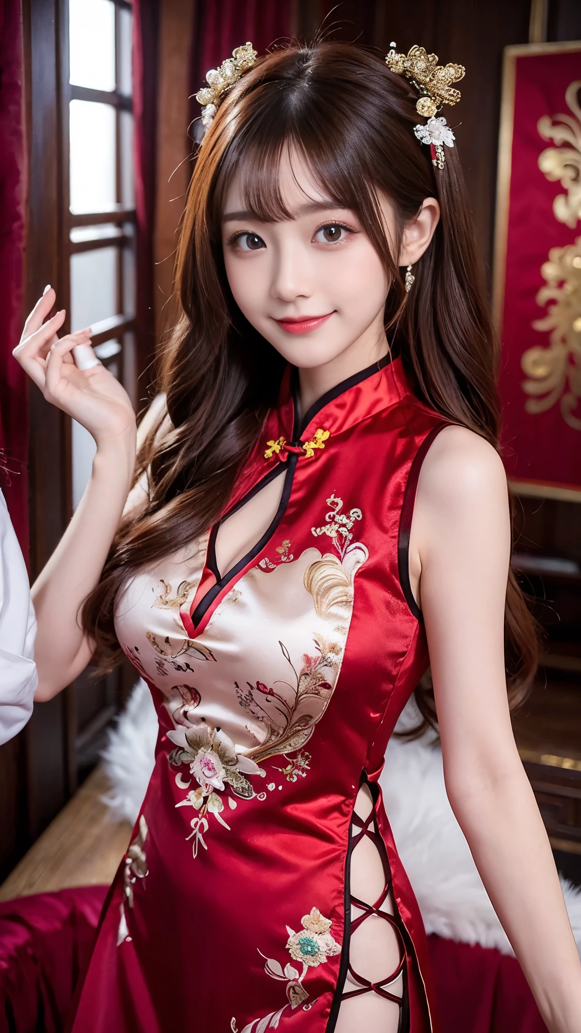   beautiful woman,     Chestnut hair    ,     Beautiful Eyes ,   Smile,  Actual , Full HD,   very beautiful dress  ，Fluffy dress ， curved body，Magnificent view ，Gorgeous decoration，cheongsam，中国发髻