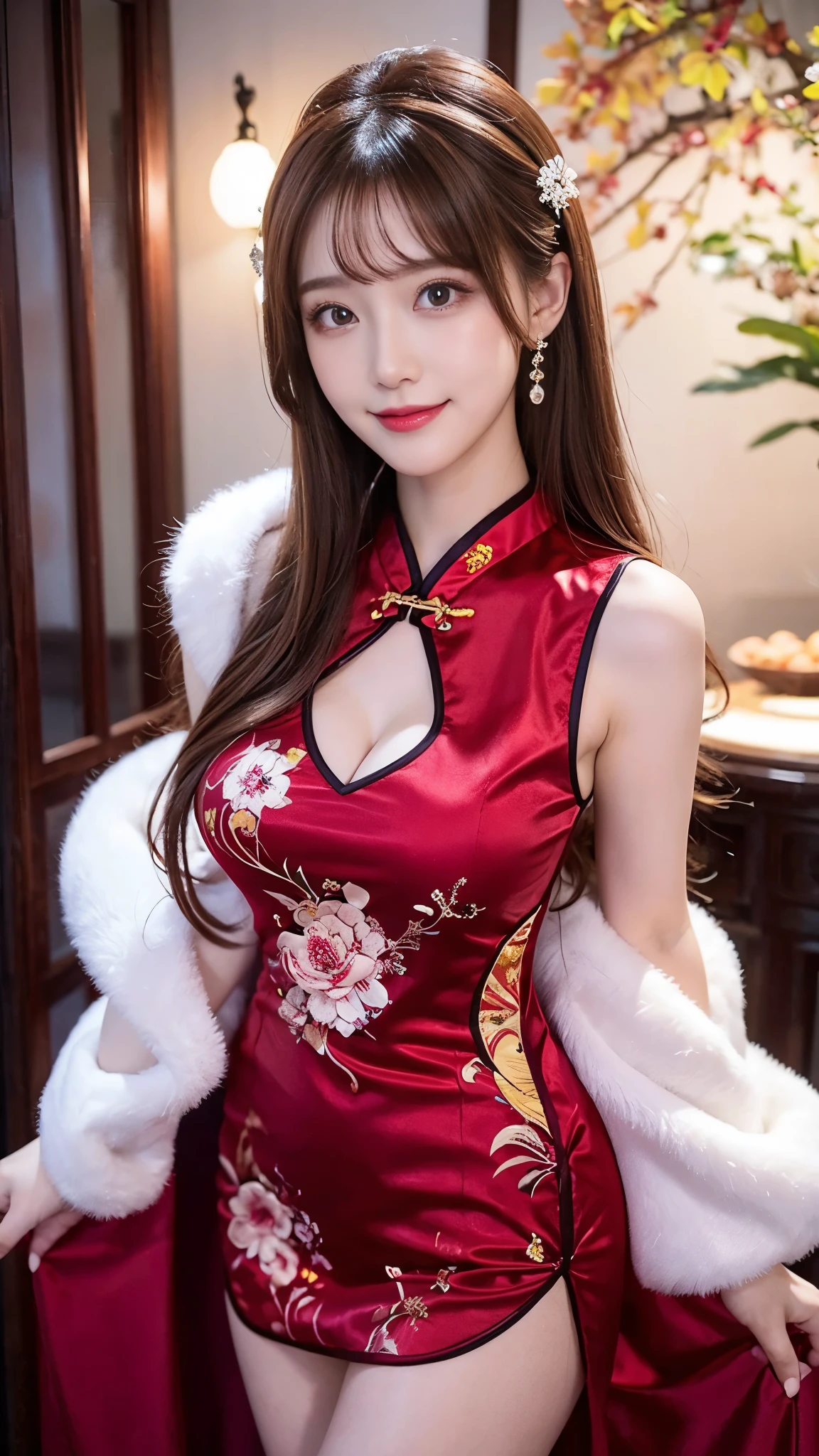 beautiful woman, Chestnut hair , Beautiful Eyes , Smile, Actual , Full HD, very beautiful dress ,Fluffy dress , curved body,Magnificent view ,Gorgeous decoration,cheongsam,中国发髻