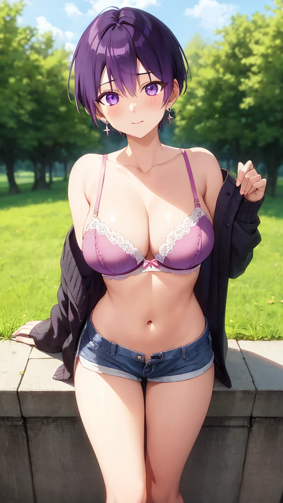 masterpiece, best quality, high quality, girl, solo, looking at viewer, yuuki_izumi, purple eyes, purple hair, large breasts, jewelry, earrings, pink bra, cardigan, short shorts, outdoors, field,