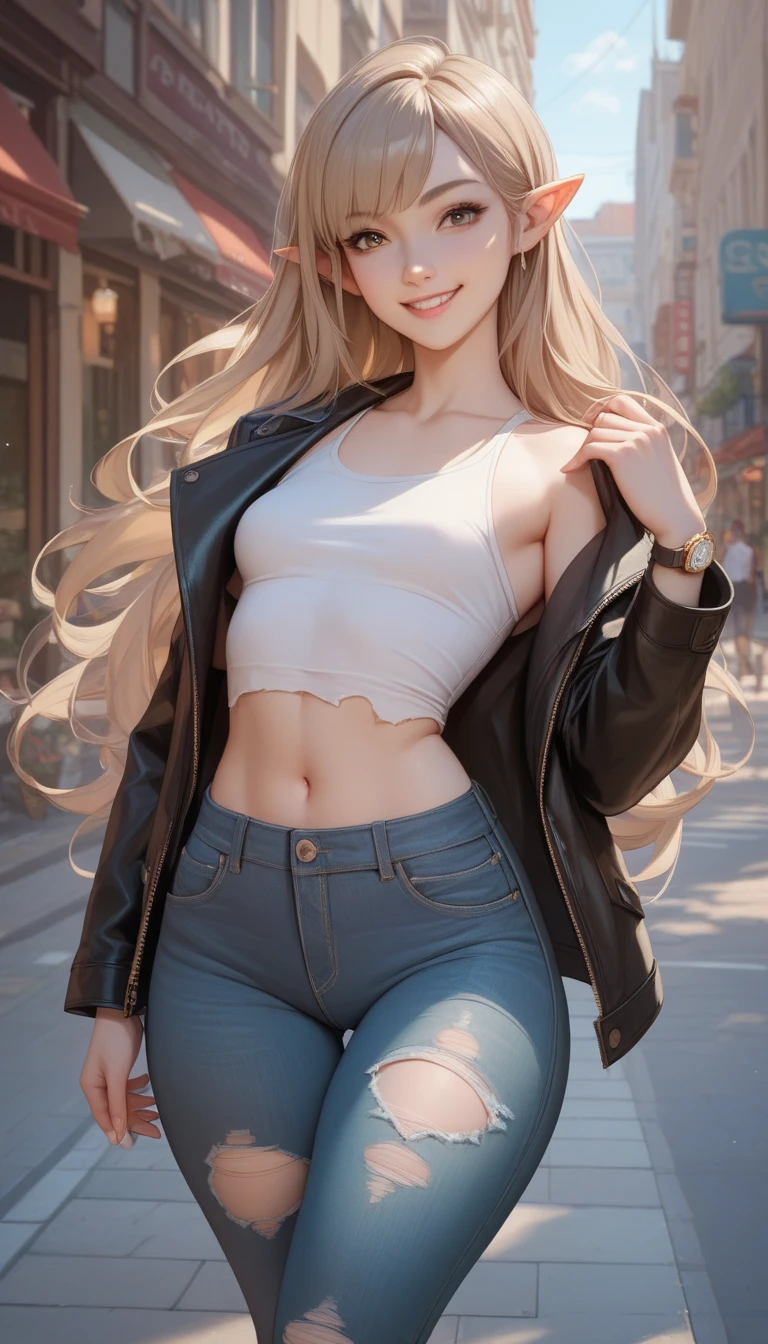   1 girl, Alone,  small breasts,   watch viewers,   Wide Hips , I々I have,  long hair, pointy ears,(  light brown hair  ,  shorthair、), best quality、  Masterpiece 、   super high resolution 、 beautiful smile、  Leather Jacket 、 street,  ripped jeans 