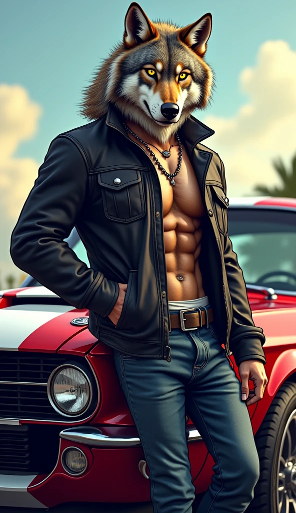 Sunset, in the desert, beautiful, vibrant colors, 1965 Red Ford Mustang, ((detailed car)), outdoors, masterpiece, best quality, ultra detailed, 8k, digital painting \(artwork\), ultra detailed, sharp, focus, highway, road, male, anthro, Orange Fox, furry, standing, leaning against car, wearing sunglasses, arms crossed, smirk, smug, facing viewer (muscular:2.0), muscular arms, attractive, sexy, hairy, hot, detailed fur, orange and white fur, detailed hands, detailed eyes, detailed face, abs, six pack, pecs, topless, wearing pants, denim jeans, ripped, bulge, detailed crotch