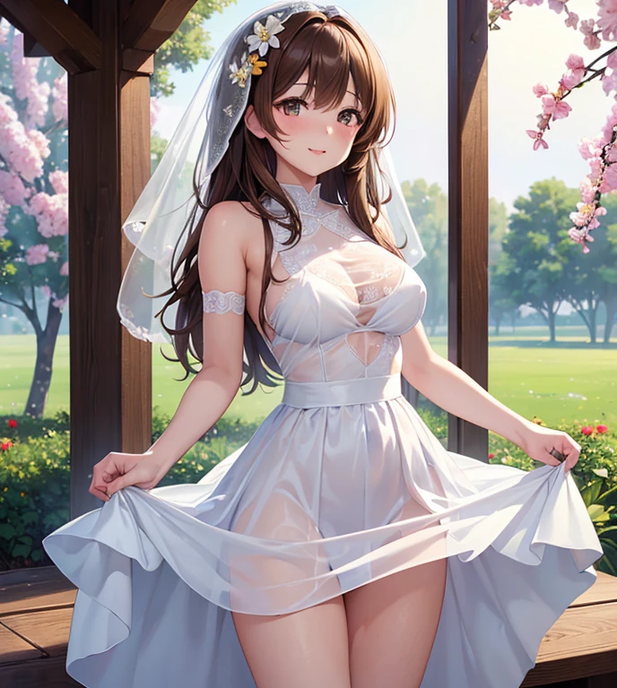 highly detailed skin, highly detailed face, (beautiful detailed eyes, red cheeks, smile), ((a girl stands)), The girl is a cute 18 year old bride, ((no panties, Cute, thin pubic hair)), (Not wearing a bra, small breasts, cute nipples), (pure white wedding dress), ((white heel shoes)), white tights, short skirt, Mr.々hair color, Mr.々hairstyle, flower hair ornament, earrings, White lace gloves, The Veil of the Bride, bride tiara, beautiful necklace, church chapel, ((Photographed from the front so that the girl&#39;s whole body is included)),