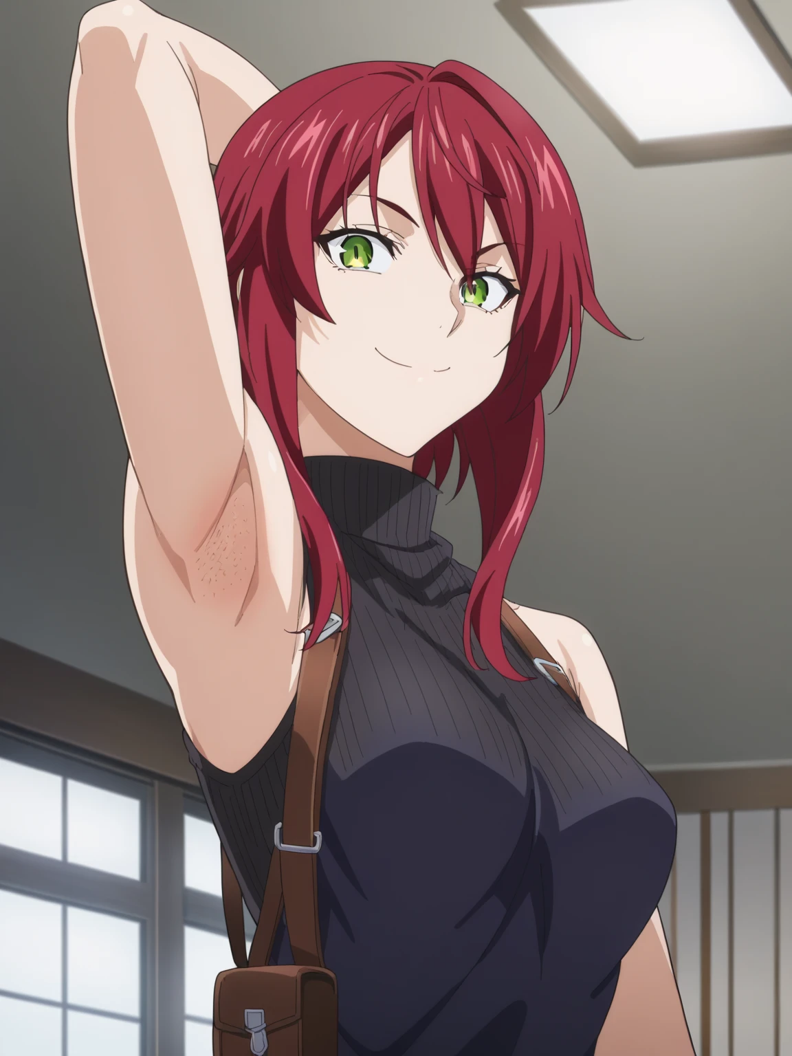 score_9, score_8_up, score_7_up, source_anime, anime screencap, 1girl, solo, kobayshi rindou, red hair, black sweater, sleeveless sweater, turtleneck, bare shoulders, bare arms, arm behind head, armpits, looking at viewer, head towards viewer, evil smile, badhandv4, indoors, weapon holsters, (armpit stubble:0.9), from side, from below, closed mouth 