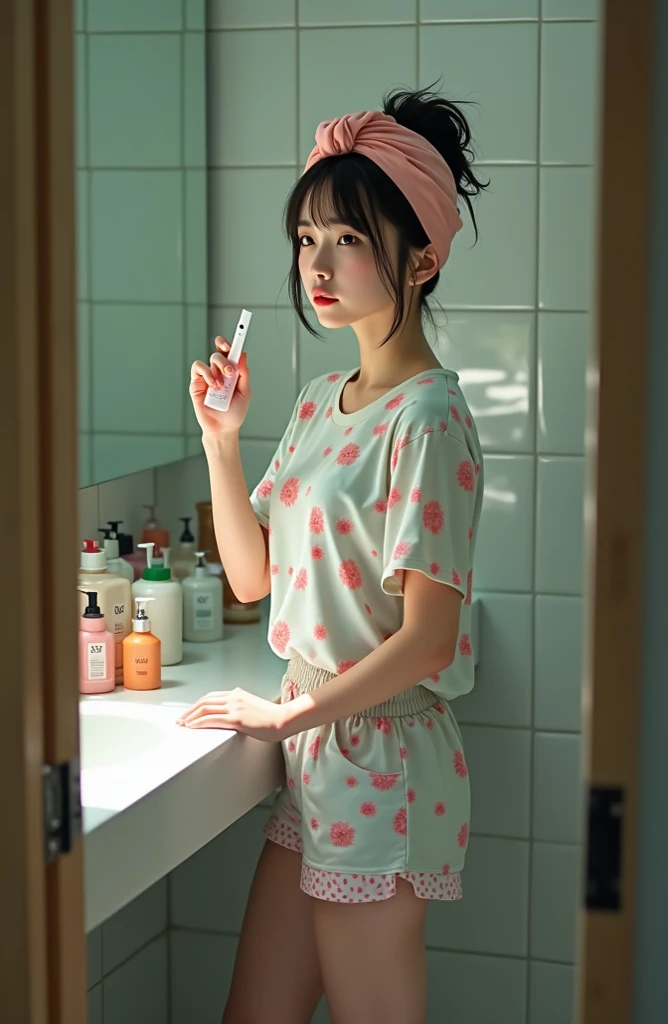 Young Latina ((ultra realistic:1.2)), brushing her teeth in a pink bathrobe, in the brightly lit bathroom in front of the mirror, (clouse-up)