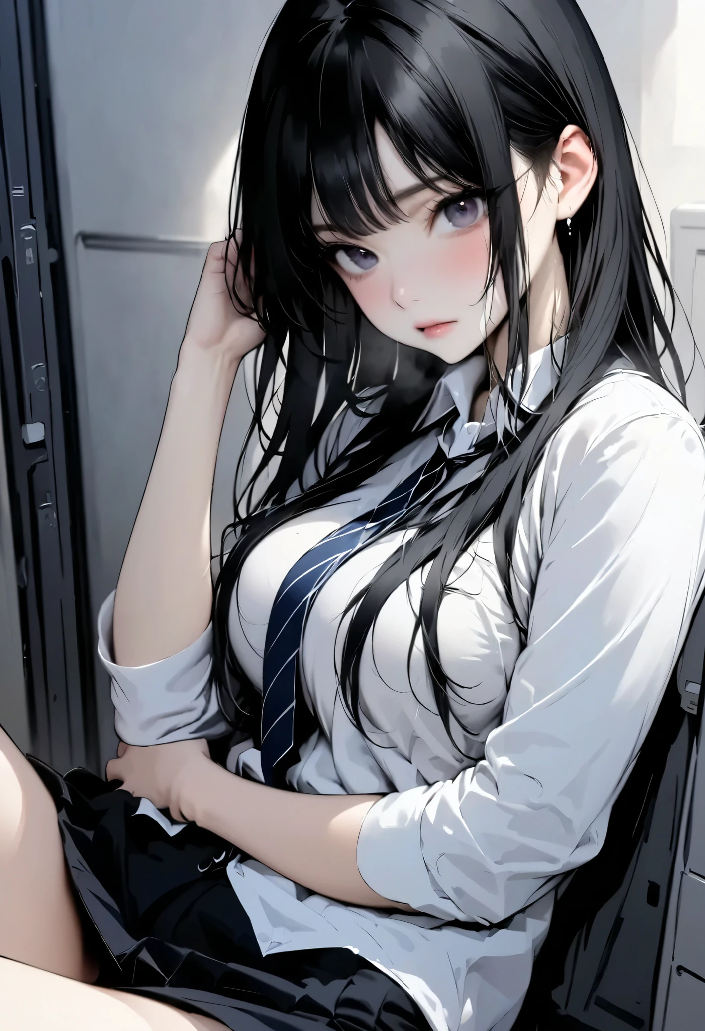highest quality、cinematic lighting、black hair、sailor one piece、embarrassing、white panties、spread legs、sit and spread your legs、full of sweat、ecstatic expression、school classroom、
