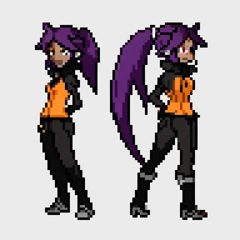 Pixel art, 6-life, full body, animal ears, Horse ears, playboy ?????, a woman, wrist cuffs, leotard, black leotard, fake animal ears, detached collar, tail, pantyhose, strapless leotard , solo, bow, long hair, strapless, bowtie, rabbit tail, high heels, purple hair'full body, black bowtie, brown legwear, white background, standing, black bow, simple background, hair ornament, ???????,???????????,black footwear, cleavage, Saori Kido