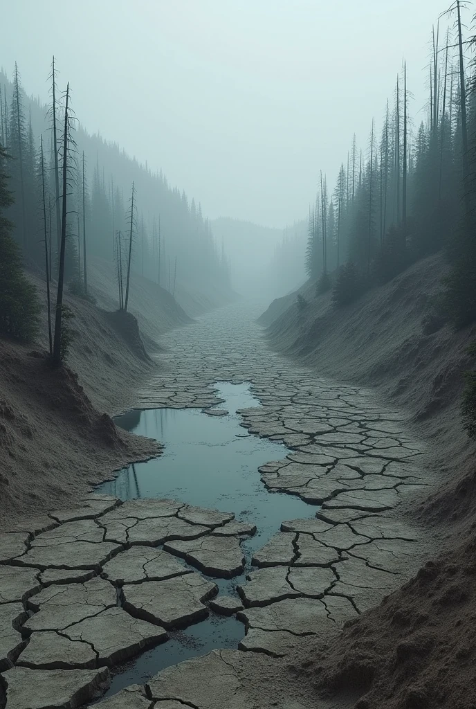 A dried-up lake, a deep valley, the lake bottom is clearly visible, the forest is dead, there is no sound, a grey worldview