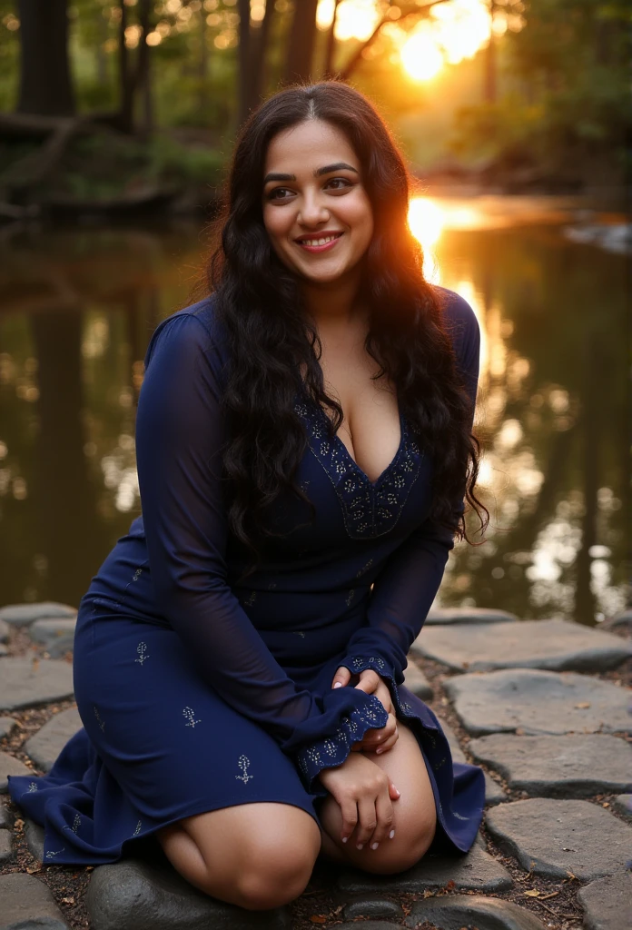 Indian woman kneeling in a lake in a deep forest as the sun rises 、A woman wearing a dark blue nightgown, black hair with bangs, smiling, deep cleavage, barefoot See here, full body photo、Masterpiece, high quality, super detailed, official art、(((Masterpiece))), (((Highest quality))), (((Intricate details)), (((Surreal)))、