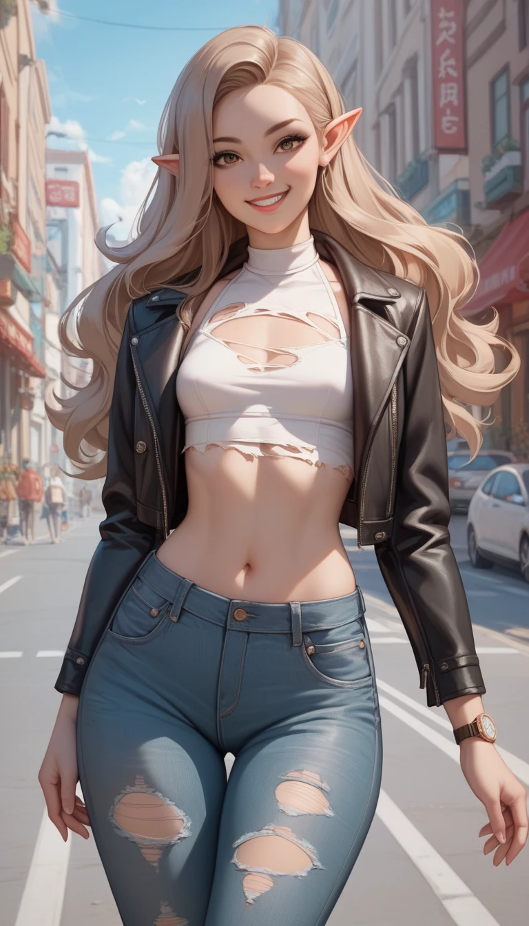   1 girl, Alone,  small breasts,   watch viewers,   Wide Hips , I々I have,  long hair, pointy ears,(  light brown hair  ,  shorthair、), best quality、  Masterpiece 、   super high resolution 、 beautiful smile、  Leather Jacket 、 street,  ripped jeans 