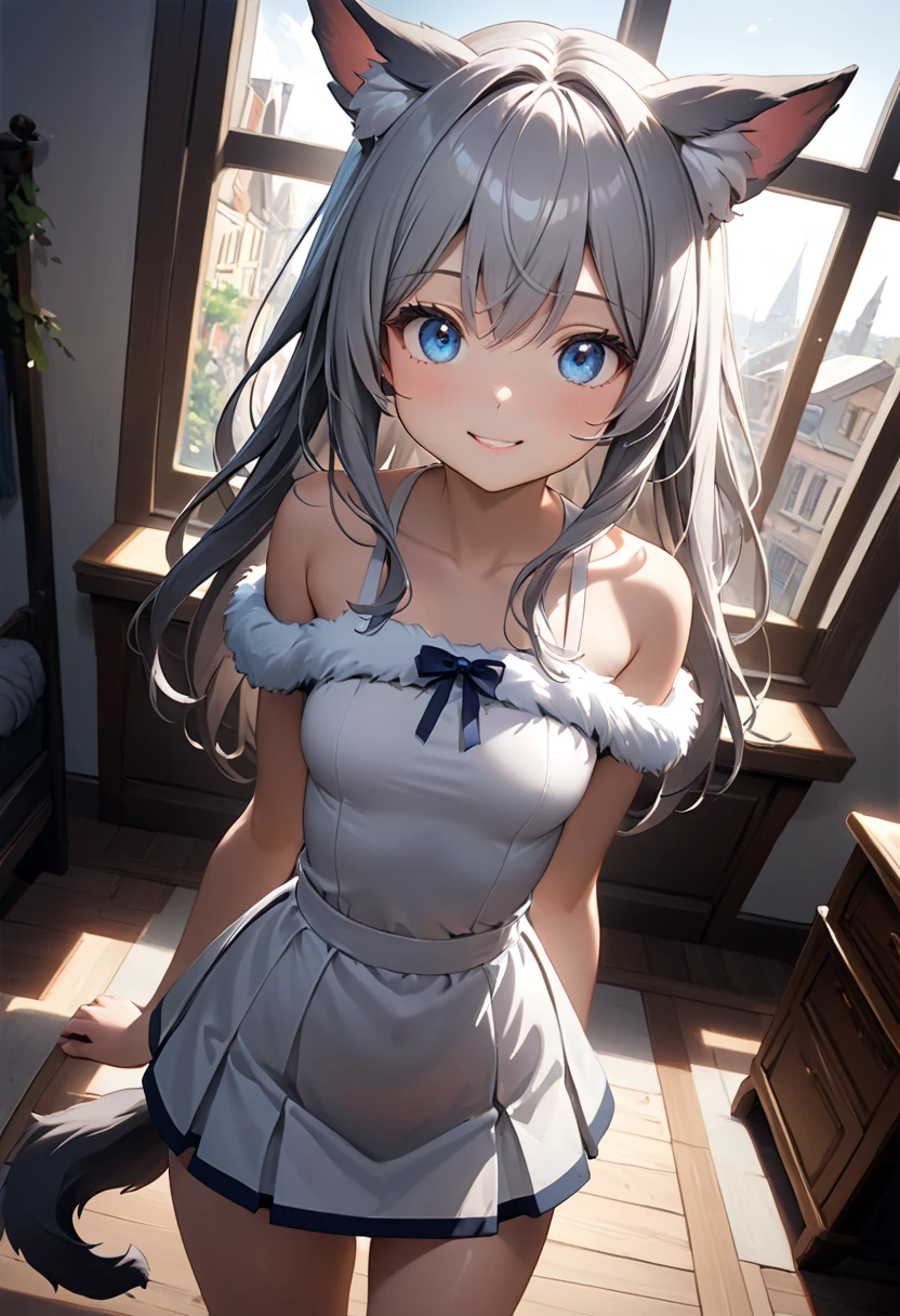  1 girl 、cute、blue eyes, Gray Hair, Long Hair,  like fur ,Animal ears,Tail、White Dress、  Mini Pleated Skirt 、 masterpiece、Noise Reduction、 Perfect Anatomy、 High Resolution 、Super detailed、Game CG、 Dutch Angle 、  beautiful details 、 visual art、Perfect hands、Bright lighting、smile、Daytime、  fantasy 、 bedroom 、window、Streetscape、 standing