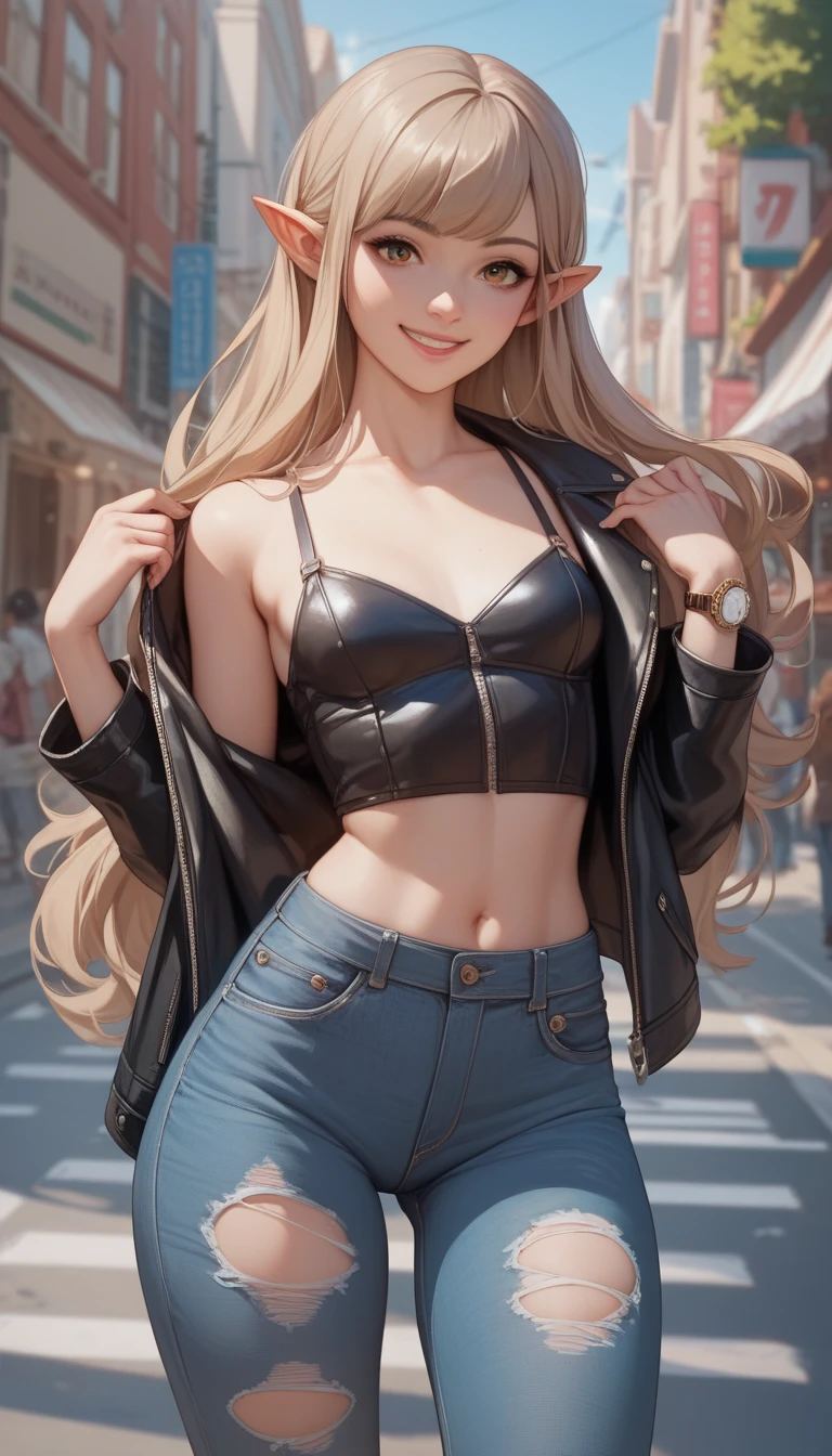   1 girl, Alone,  small breasts,   watch viewers,   Wide Hips , I々I have,  long hair, pointy ears,(  light brown hair  ,  shorthair、), best quality、  Masterpiece 、   super high resolution 、 beautiful smile、  Leather Jacket 、 street,  ripped jeans 