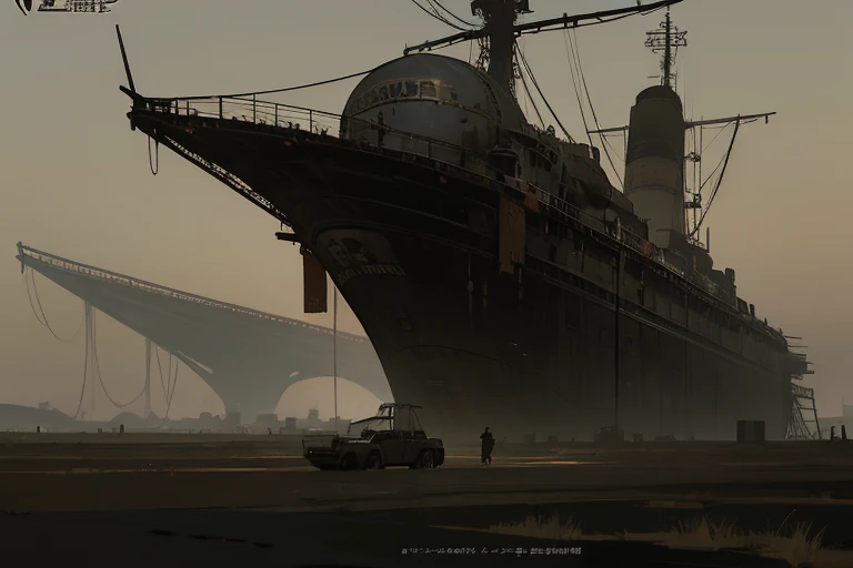 Post-apocalyptic wars, shadowing, Nero, A desert , shadowing, Gloomy atmosphere, darkly, ((natta)), The breadth of the landscape, book cover，Wasteland，A desert，Dilapidated airship，Japanese style。asian-looking，Airship in Asian style，Japanese castle style airship , steelpunk