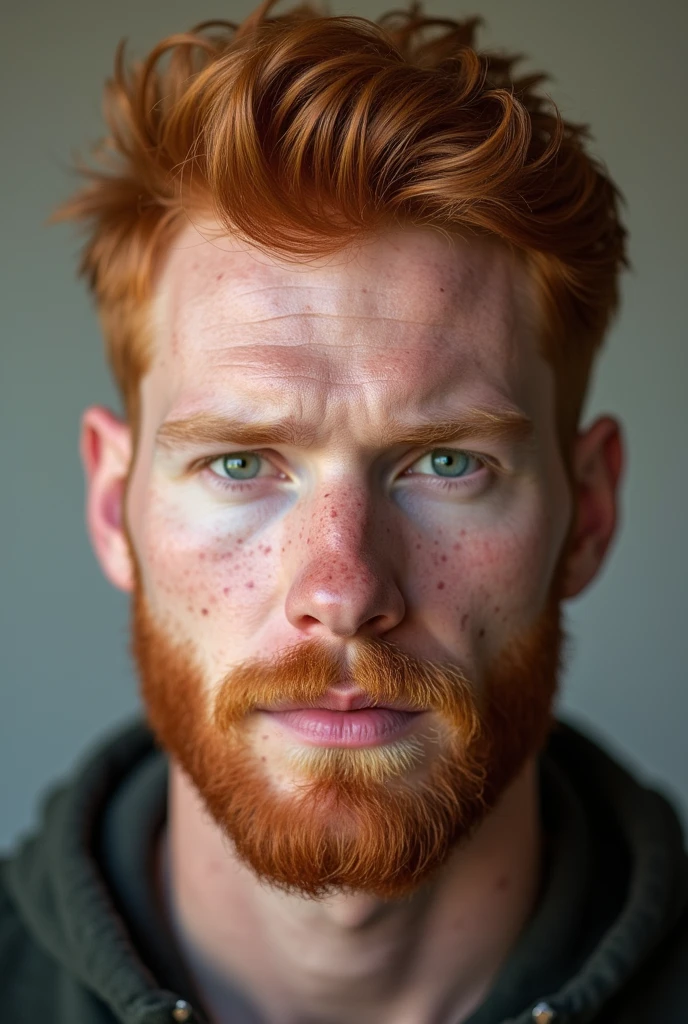 The man has an angular face with a strong, well-defined jawline. His skin is fair, with freckles scattered across his nose and cheeks, typical of someone with red hair. His hair is a vibrant red, slightly wavy and thick, cut short on the sides and a bit longer on top, where he usually styles it back or to the side. His eyebrows are thick and a darker shade of red, well-aligned and arched. His eyes are blue, with a deep and captivating hue, almond-shaped, surrounded by short, light-colored eyelashes. His gaze is penetrating and confident. His nose is straight and proportionate to his face, with a slightly elevated bridge. His lips are medium-sized, with a defined contour and a natural rosy color. When he smiles, he reveals white, well-aligned teeth, and a smile that conveys warmth and friendliness. His ears are medium-sized, slightly set away from his head, with small, discreet lobes. His skin has a smooth texture but is sensitive, prone to redness and sunburn. He usually maintains a short, well-groomed beard, the same red color as his hair, which further highlights the freckles on his face. In terms of clothing, he prefers a casual style, often wearing flannel shirts, jeans, and boots, which match his rugged and practical appearance. A thin, discreet scar crosses his left cheek, adding a touch of history and mystery to his appearance. He generally uses little or no makeup but takes good care of his skin with moisturizing products to prevent dryness.