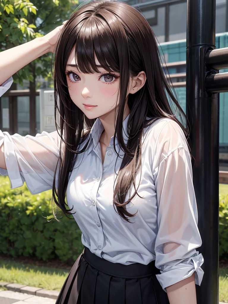 Blushing lightly and smiling, (Top quality masterpiece:1.2) Delicate illustrations, Very detailed, /Beautiful Japanese Woman、1 person,Very cute and slim、Excellent style 、((8K images、super high quality))、Very delicate face, Beautiful forehead、Beautiful thighs、Beautiful feet、Deep red lipstick,(((((Semi-long hair、Light brown hair、Blonde hair))))),very cute、Kind eyes,(White shirt、Tight Skirt)、starry skies、Tokyo night view、Cafe、Date