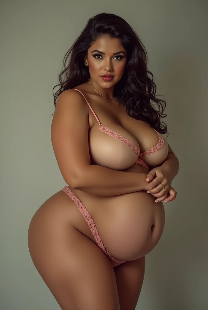 A woman with nothing on her body facing forward with big breasts and ass
