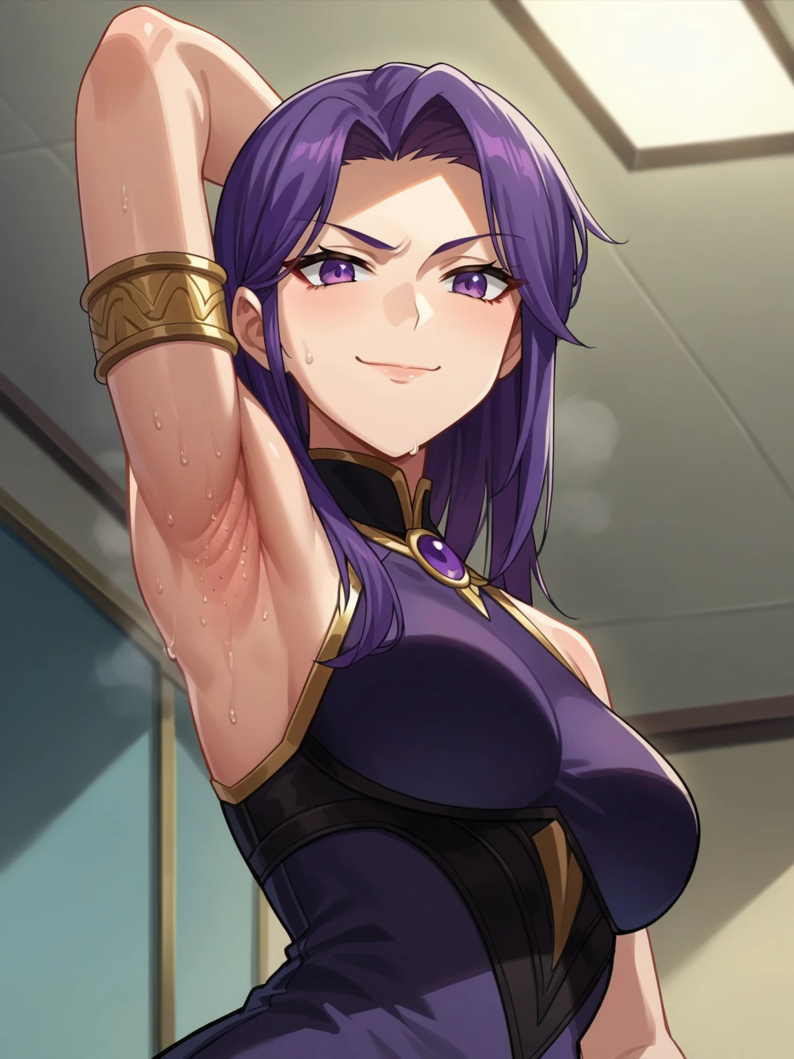 score_9, score_8_up, score_7_up, source_anime, anime screencap, 1girl, solo, black swan, purple hair, purple eyes, purple dress, bare shoulders, bare arms, arm behind head, armpits, looking at viewer, head towards viewer, evil smile, badhandv4, indoors, arms braclet, (armpit stubble:0.9), from side, from below, closed mouth , sweaty armpits