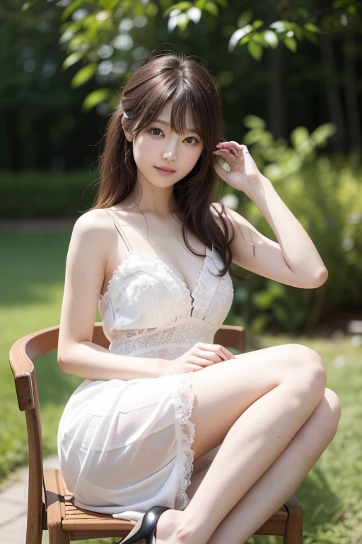  Japanese model woman is sitting on a chair wearing a dress and heels,  Elegant Dress ,  white and black dress ,   romantic dress, Rococo style ruffle dress ,  Feminine Girly Dress , wearing an  Elegant Dress ,   royal elegant pose , Wear a white dress 、 looking at the camera、Detailed and beautiful eyes、 cute smile、Soft and gentle relaxed expression 