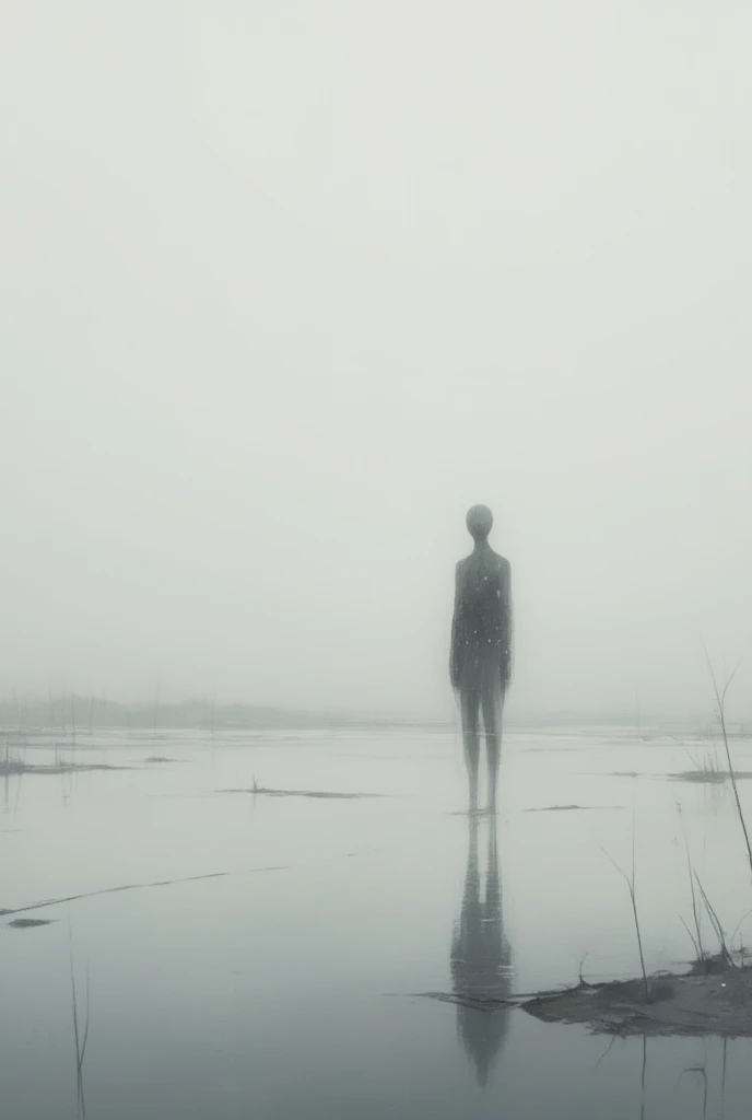 in a dream, Shadow shaped girl nodding off is stand in a blur. only lake just quietly swaying. human shape slightly reflected on the lake. Nothing living. only just a white world, a landscape. surrealism, dreamlike, loneliness,focus on the lake, great focus on the lake