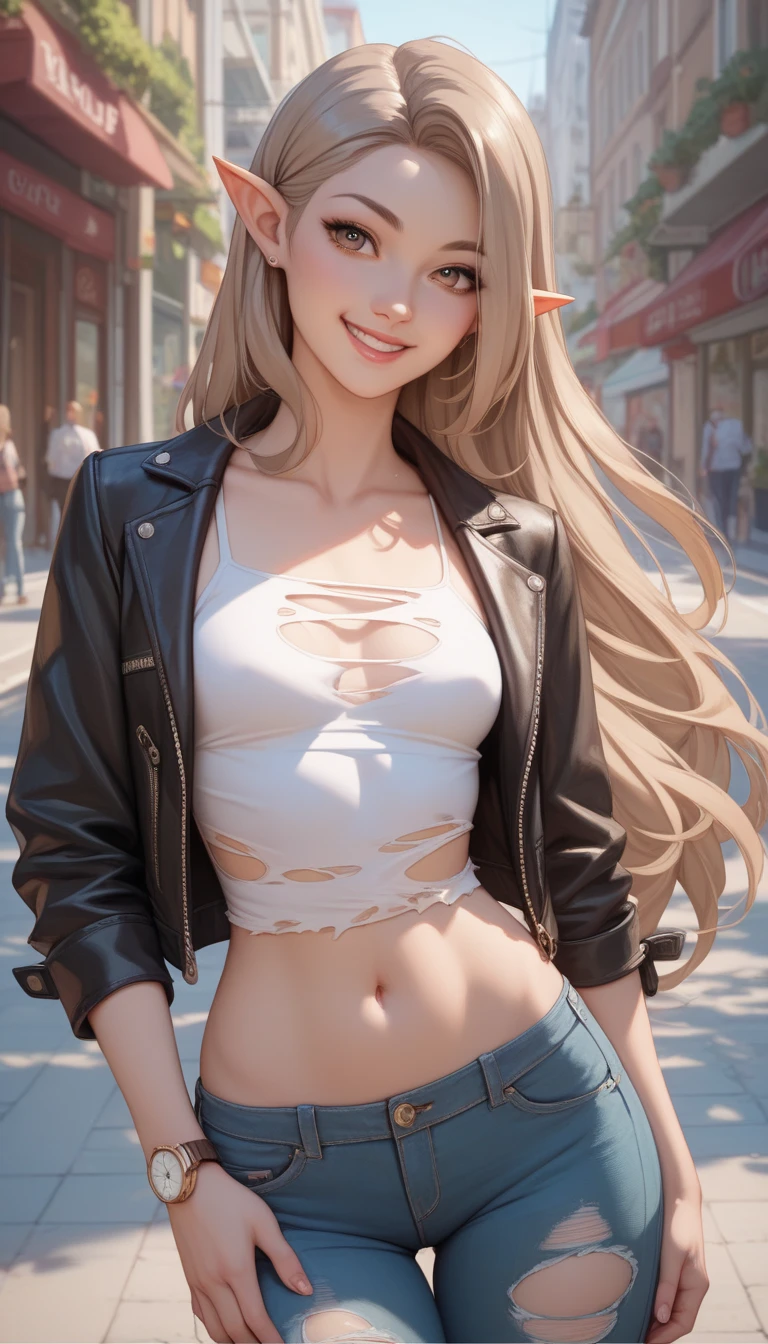   1 girl, Alone,  small breasts,   watch viewers,   Wide Hips , I々I have,  long hair, pointy ears,(  light brown hair  ,  shorthair、), best quality、  Masterpiece 、   super high resolution 、 beautiful smile、  Leather Jacket 、 street,  ripped jeans 