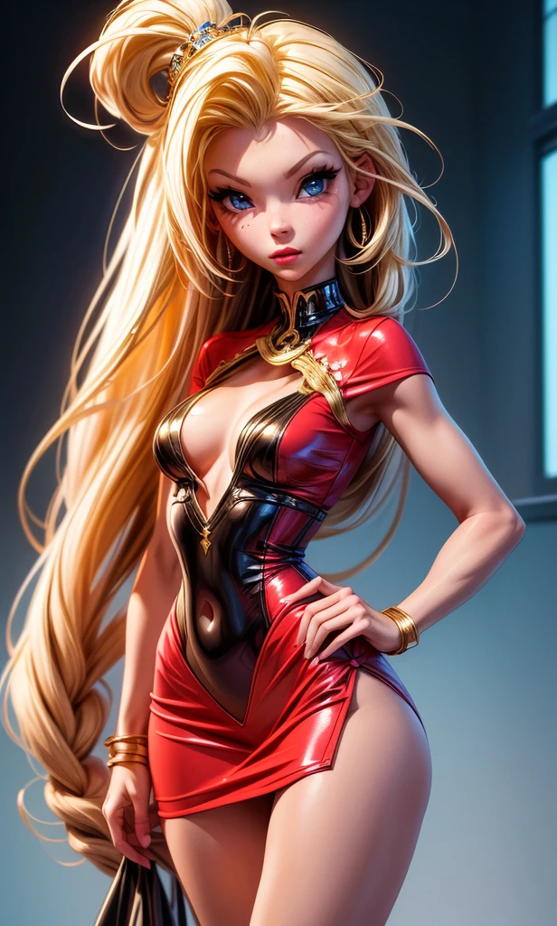   masterpiece, High detail, 1 girl, adolescent, Barbie Sins , beautiful, blonde, Blue eyes,  long hair, slim, full body, flat chest, nice legs, red dress, Egyptian clothing, sexy