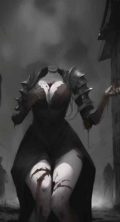 Headless girl, zombie, Idina, blood covered neck, pale skin, gushing blood, heavy armor, foggy medieval town,