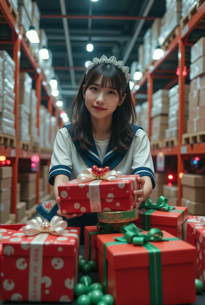 documentary photo, ultra-realistic, photorealistic, dramatic scene, shadow, global-illumination, she is Japanese high school student girl, wearing a sailor uniform, she is working at the Christmas present factory, She drives a forklift full of colorful decorated Christmas gift boxes at the factory warehouse, the factory is decorated with festive Christmas illuminations, In a vast warehouse, the festive decorated large boxes of Christmas gifts are neatly organized and stacked from floor to near ceiling, shoot from below, smile