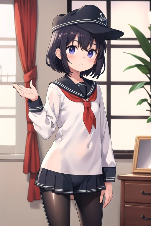 (  best quality,4K,8k, It's high definition  ,  Masterpiece :1.2)，Akatsuki， a very young girl ，Very short stature:1.3， toddler figure :1.2， flat chested， very short legs ， flat cap,   sailor suit  ，  white shirt,   Long Sleeve  ，  pantyhose ，green，  Window  ，Shine，  cowboy shooting， amazing perfect hand ，Please stop  、  perfect hand to approach the mirror，upside down，  girls panties  ， Irony ，