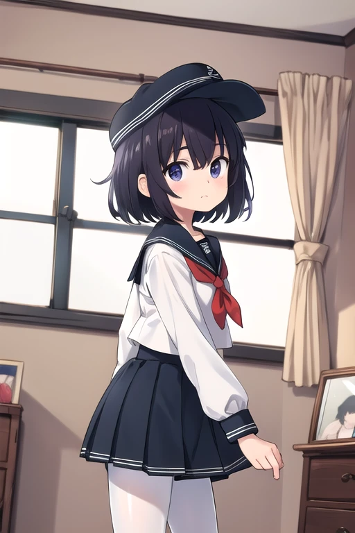 (  best quality,4K,8k, It's high definition  ,  Masterpiece :1.2)，Akatsuki， a very young girl ，Very short stature:1.3， toddler figure :1.2， flat chested， very short legs ， flat cap,   sailor suit  ，  white shirt,   Long Sleeve  ，  pantyhose ，green，  Window  ，Shine，  cowboy shooting， amazing perfect hand ，Please stop  、  perfect hand to approach the mirror，upside down，  girls panties  ， Irony ，