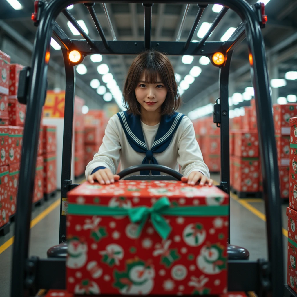 documentary photo, ultra-realistic, photorealistic, dramatic scene, shadow, global-illumination, she is Japanese high school student girl, wearing a sailor uniform, she is working at the Christmas present factory, She drives a forklift full of colorful decorated Christmas gift boxes at the factory warehouse, the factory is decorated with festive Christmas illuminations, In a vast warehouse, the festive decorated large boxes of Christmas gifts are neatly organized and stacked from floor to near ceiling, shoot from below, smile