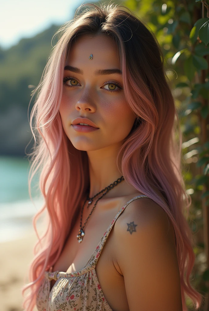masterpiece, perfect face, intricate details, fantasy theme, an enchanting painting of a young woman, Photorealistic Art ,8 , High Resolution, Real, Ultra-Detailler , rose on hair, ornate tattoo, ((cropped top, short shorts)), aesthetic, (high contrast:1.3) highly detailed, smooth soft skin, detailed hair, symmetrical, hyperrealistic, UHD, HDR, 16K, professional photography