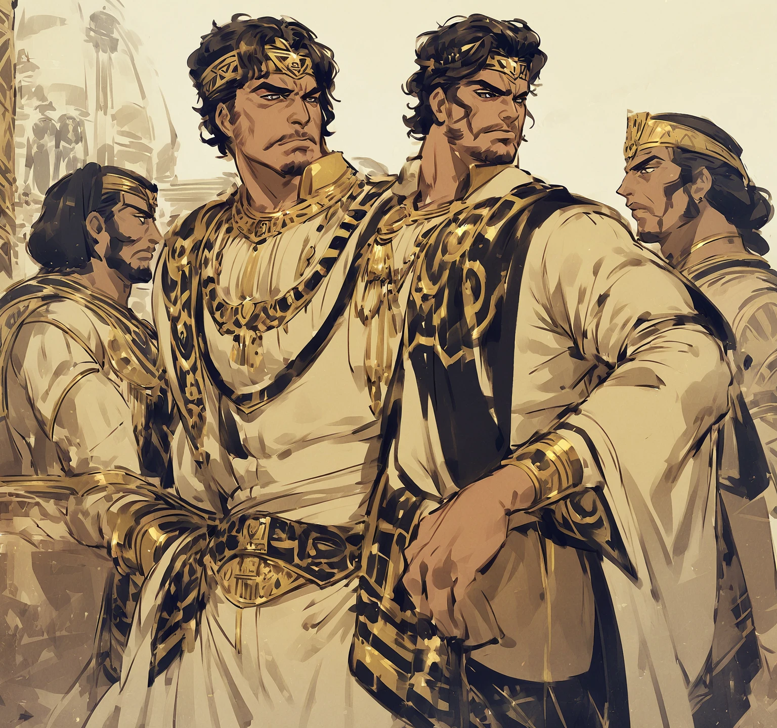 young muscular man, with a scar on his face, with blue eyes, Latin features with beard and short silver hair, wearing a renaissance costume, with golden laurel wreath and cape. , and dark skin, posing standing, full picture