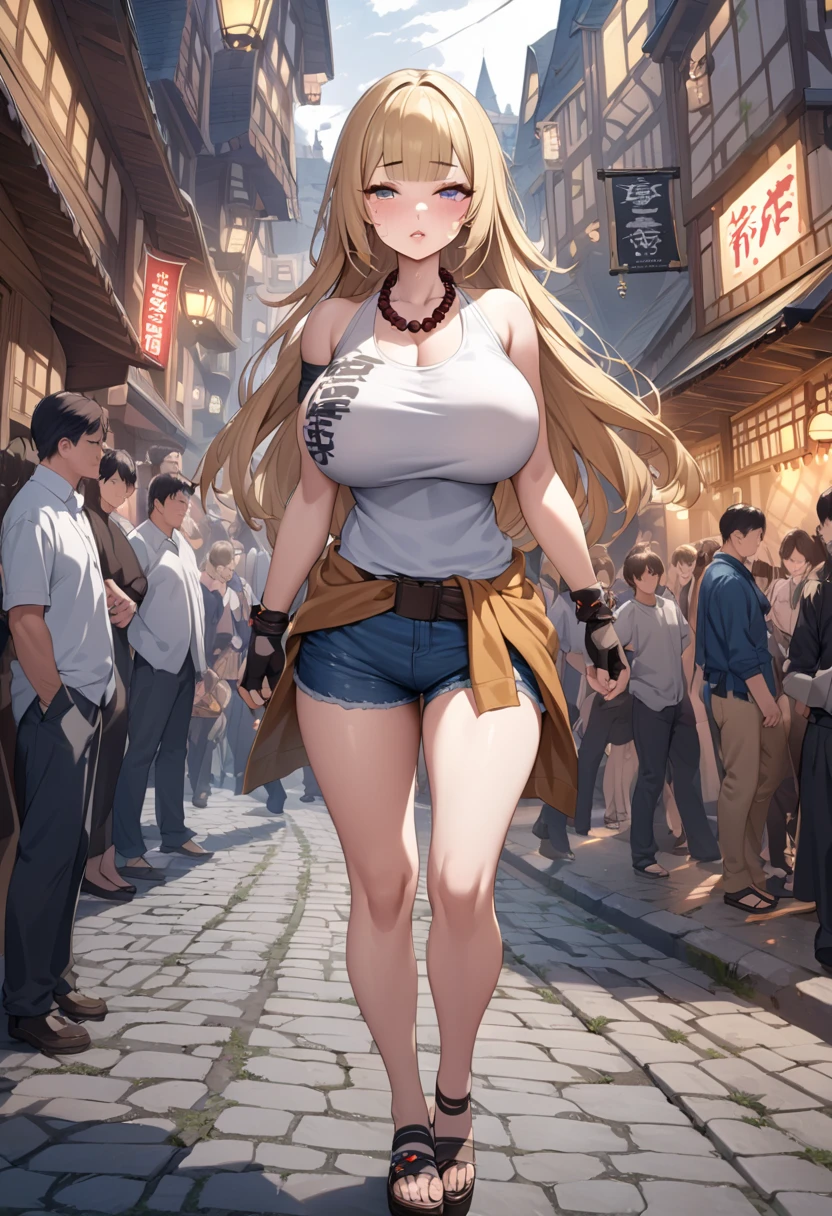 BREAK ( Highly detailed CG Unity 8k wallpaper, top quality, super detailed, masterpiece, realistic, photorealistic, highly detailed, BREAK 1girl, Kaguya Kawasumi, japanese girl, (20 years old), ultra-detailed face, highly detailed lips, double eyelids, blond hair, long hair, with bangs, huge breast, sexy buttocks, fighter, (light gray tank top with text:1.2), (Letter on the chest:1.3), (blue denim fabric hotpants:1.2), (Buddhist prayer beads necklace), sexy body, sandals, brown wide belt around waist, black arm band, (black short fingerless gloves),  BREAK(full-body shot:1.2),sweat,walk, BREAK outdoors, medieval city main street, crowd,night,road,