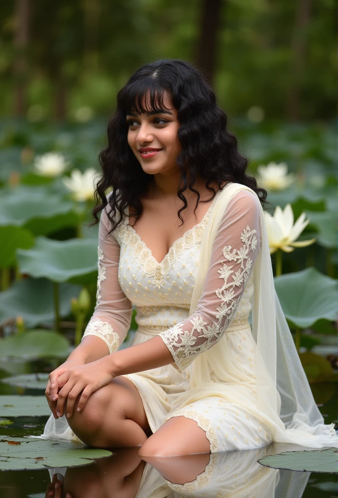 Indian woman kneeling in a white lotus lake in a deep forest as the sun sets 、A woman wearing a white transparent nightgown, her whole body visible Black hair with bangs, smile, deep cleavage, barefoot See here, full body photo、Masterpiece, high quality, super detailed, official art、(((Masterpiece))), (((Highest quality))), (((Intricate details)), (((Surreal)))、