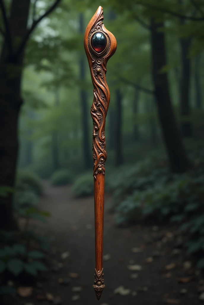 Imagine a wand like this:
- **wood:** Cipres, with a smooth and natural finish, of a dark brown color, similar to the bark of a tree.

- **Core:** Phoenix feather, symbolizing power and regeneration, but not visible on the outside.

- **form:** The wand is straight and thin, with a slight widening at the handle for a comfortable grip. It has no decorations or carvings, keeping a simple and elegant look.

- **length:** About 30 cm, which makes it neither too long nor too short, ideal for control and precision.

- **Flexibility:** Moderately flexible, which allows it to adapt well to different types of magic without being too rigid or fragile..

- **General Style:** The wand has a clean style, functional and practical, with a small curve near the tip that gives it a touch of character, but without standing out too much.