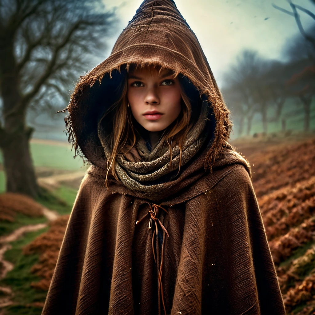 nsfw, photorealistic, 35mm, intricate details, hdr, hyperdetailed, natural skin texture, hyperrealism, sharp, 1 girl, Masha, young, 18 years old. naked, skinny, slim waist, small breasts, freckles, blue eyes, doe eyes, light brown layered hair, long brown cloak flapping in the wind, hood, naked body under the cloak, full body portrait, looking at viewer, solo, detailed background, witch hat, witch, magical atmosphere, hair flowing in the wind, whirlwind of swirling magic spell in the air, dark magic, (style-swirlmagic:0.8), floating particles,