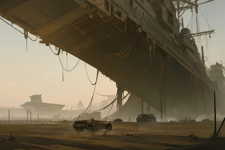 Post-apocalyptic wars, shadowing, Nero, A desert , shadowing, Gloomy atmosphere, darkly, ((natta)), The breadth of the landscape, book cover，Wasteland，A desert，Dilapidated airship，Japanese style。asian-looking，Airship in Asian style，flying  airship in crowd, steelpunk