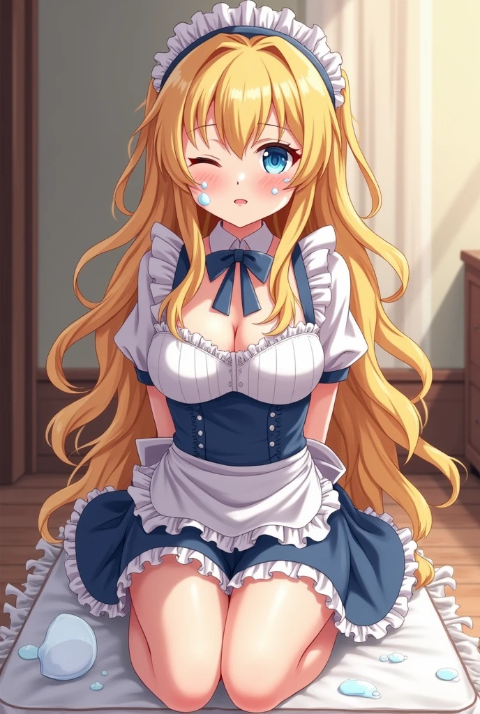 masterpiece,best quality,bed room,(Very cute girl:1.4),blush,:o,Glowing and sweaty skin,(big bust:1.3),maid headdress,maid costume,(twin tail,long blonde hair:1.2) BREAK hair bow,drooping blue eyes, pooh,