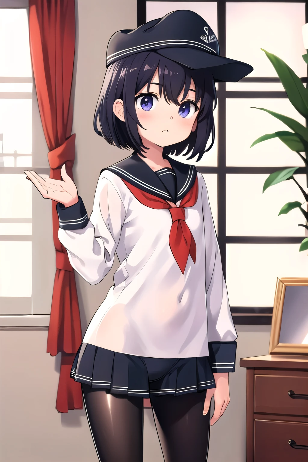 (  best quality,4K,8k, It's high definition  ,  Masterpiece :1.2)，Akatsuki， a very young girl ，Very short stature:1.3， toddler figure :1.2， flat chested， very short legs ， flat cap,   sailor suit  ，  white shirt,   Long Sleeve  ，  pantyhose ，green，  Window  ，Shine，  cowboy shooting， amazing perfect hand ，Please stop  、  perfect hand to approach the mirror，upside down，  girls panties  ， Irony ，