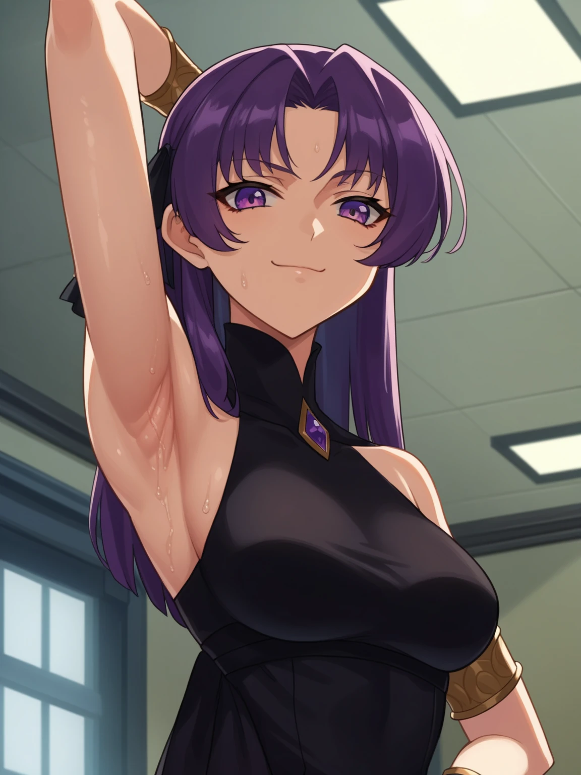 score_9, score_8_up, score_7_up, source_anime, anime screencap, 1girl, solo, black swan, purple hair, purple eyes, purple dress, bare shoulders, bare arms, arm behind head, armpits, looking at viewer, head towards viewer, evil smile, badhandv4, indoors, arms braclet, (armpit stubble:0.9), from side, from below, closed mouth , sweaty armpits