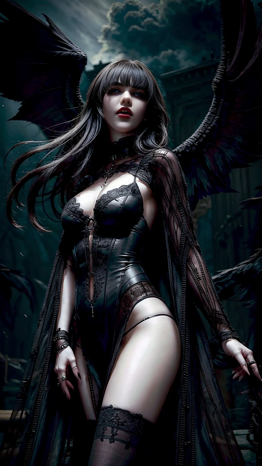 A mystical, dark angel with piercing emerald eyes and raven-black wings, standing amidst a halo of twisted, thorny vines, her luminous pale skin radiating an aura of malevolent beauty, set against a backdrop of foreboding, dark clouds that seem to swirl and twist in her presence, her entire being exuding an otherworldly allure and seductive power, as if beckoning the viewer into a realm of darkness and temptation.