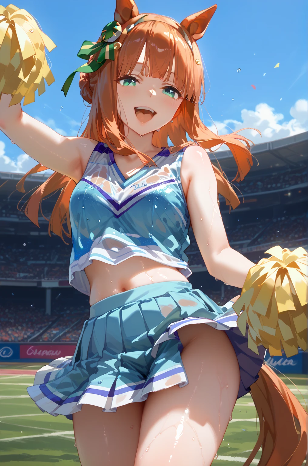 1 girl, solo, silence suzuka \(umamusume\), cheerleader, pom pom \(cheerleading\), pleated skirt, best quality, laugh, good anatomy, masterpiece, shiny, shiny skin, shiny outfit, wet clothes, wet skin, dynamic pose