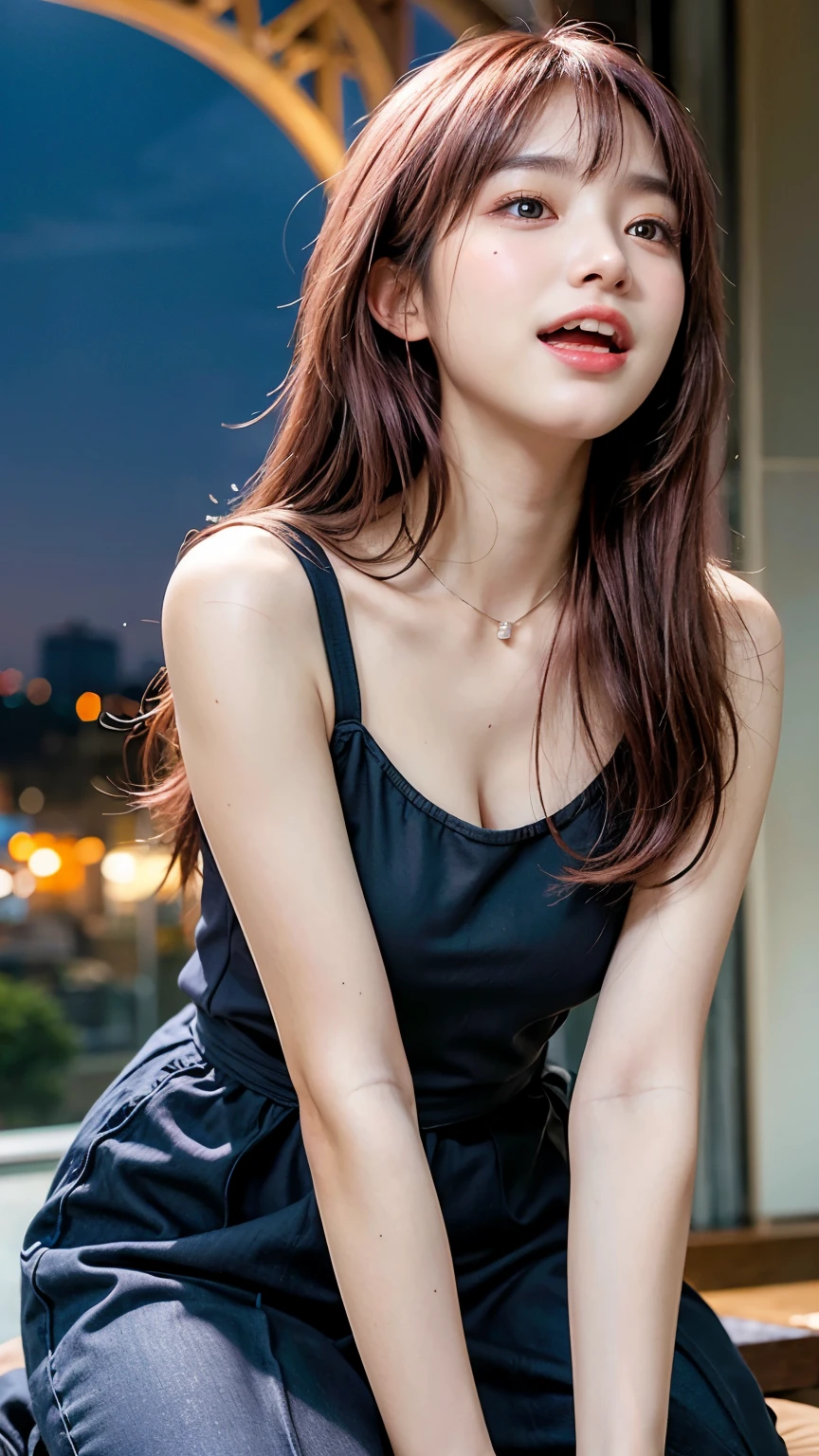 ulzzang-6500-v1.1, (RAW Photos:1.2), (Photorealistic), Beautiful detailed girl, (Genuine: 1.4), (masterpiece), 1 Girl, Photo Model, smile, Focus on the audience, Beautiful lighting, Highest quality, masterpiece, Ultra-high resolution, Realistic, Black Hair, Short tank top, Shorts, Ultra-realistic pantyhose、super Realistic stockings, Medium chest, White skin,( Sunset background:1.4), Full Body Shot:1.2