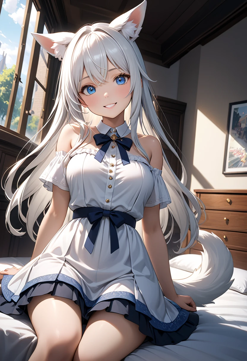 girl、cute、adult,blue eyes,White hair,Long Hair,like fur,Animal ears,Tail、White Dress、Mini Pleated Skirt、masterpiece、Noise Reduction、Perfect Anatomy、High Resolution、Super detailed、Game CG、Dutch Angle、 exquisite details、visual arts、Hand drawn perfect、Bright lighting、smile、Daylight、fantasy、bedroom、window、Street view、sitting on the bed